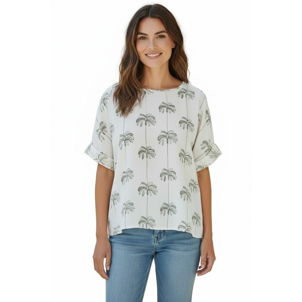 Kindred Embroidered Palm-Print White Relaxed Boho Tunic Anthropologie Sz M NWT